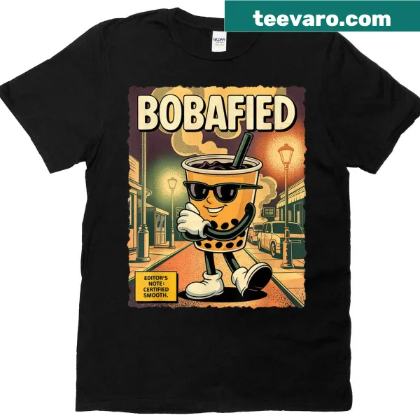 Cartoon boba tea design with quirky character on shirt