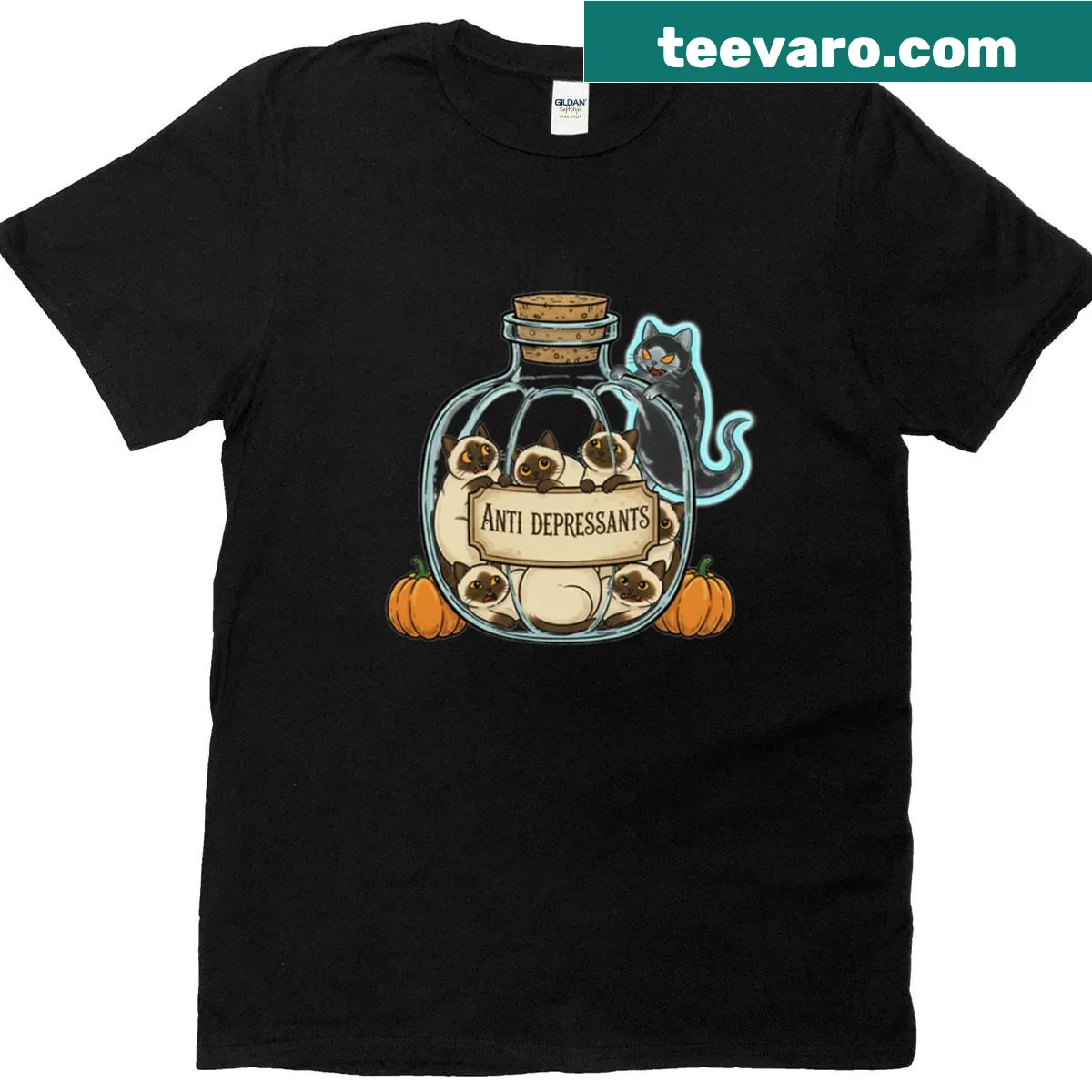 Halloween t-shirt featuring a funny cat design with potion and anti-depressant theme — on a men's t-shirt