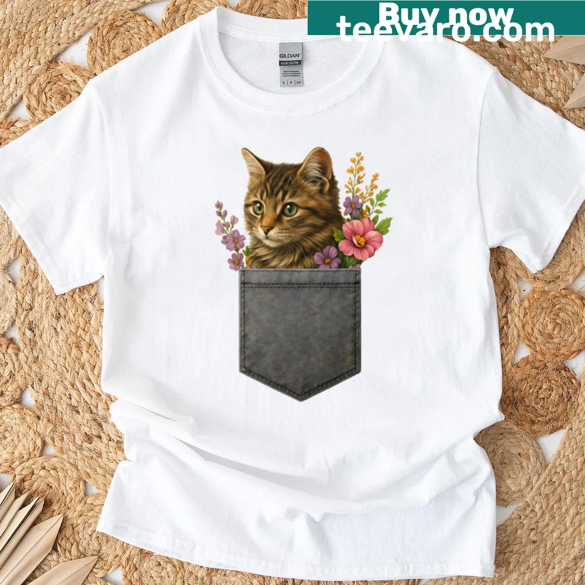 Cute floral cat t-shirt with a graphic of a cat peeking out of a pocket — on a men's t-shirt