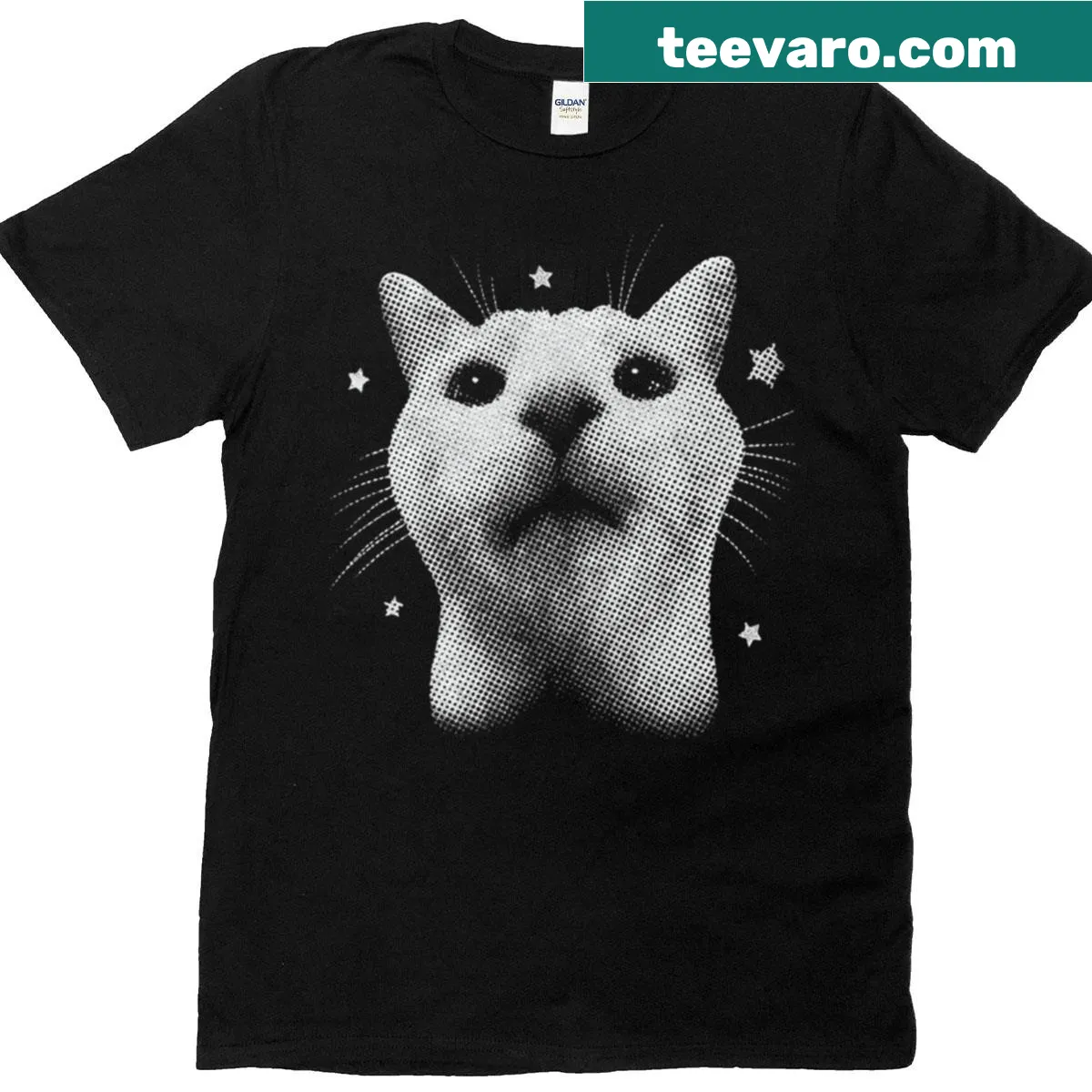 Vintage aesthetic cat t-shirt with starry graphic — on a men's t-shirt