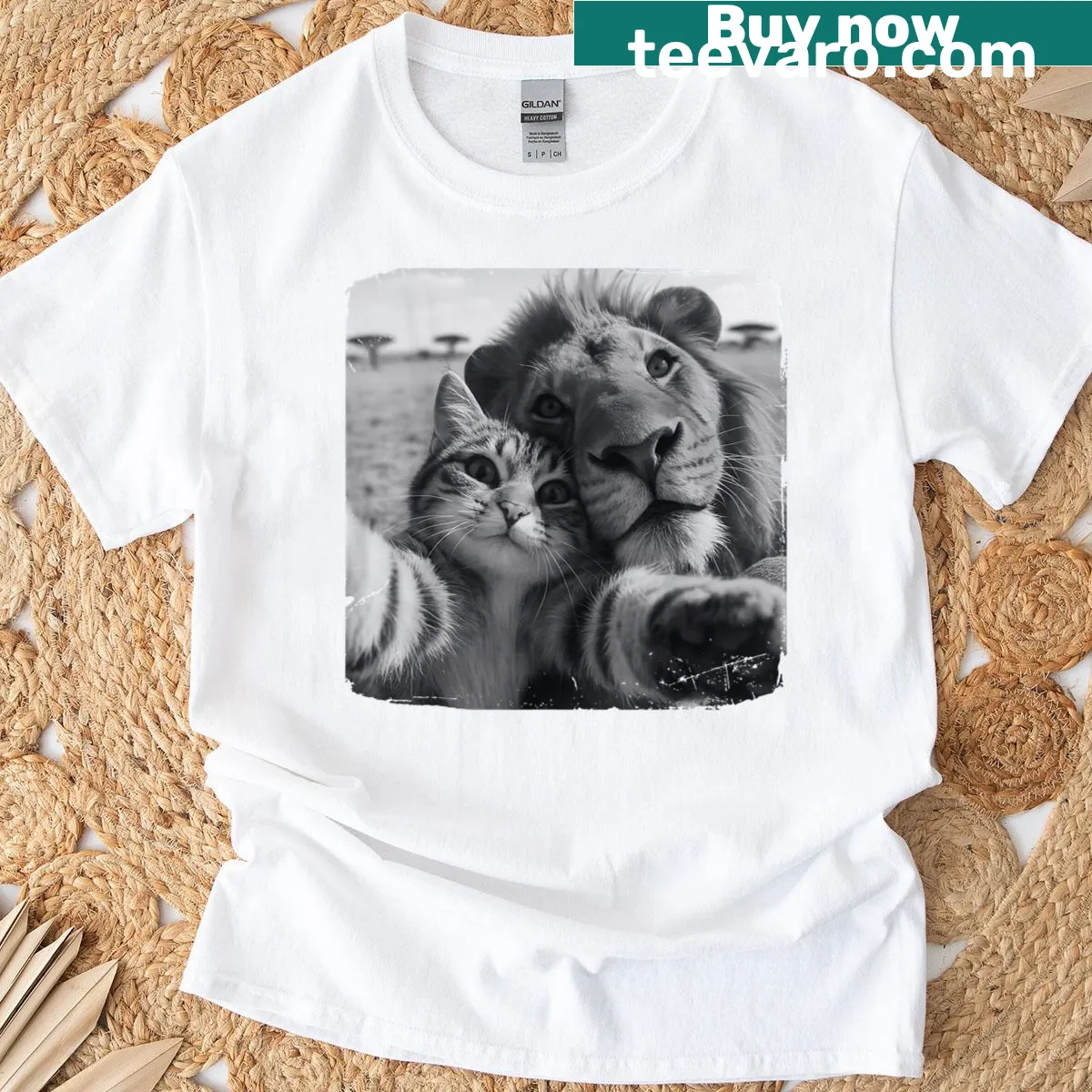 Cat selfie with lion graphic on a playful t-shirt — on a men's t-shirt
