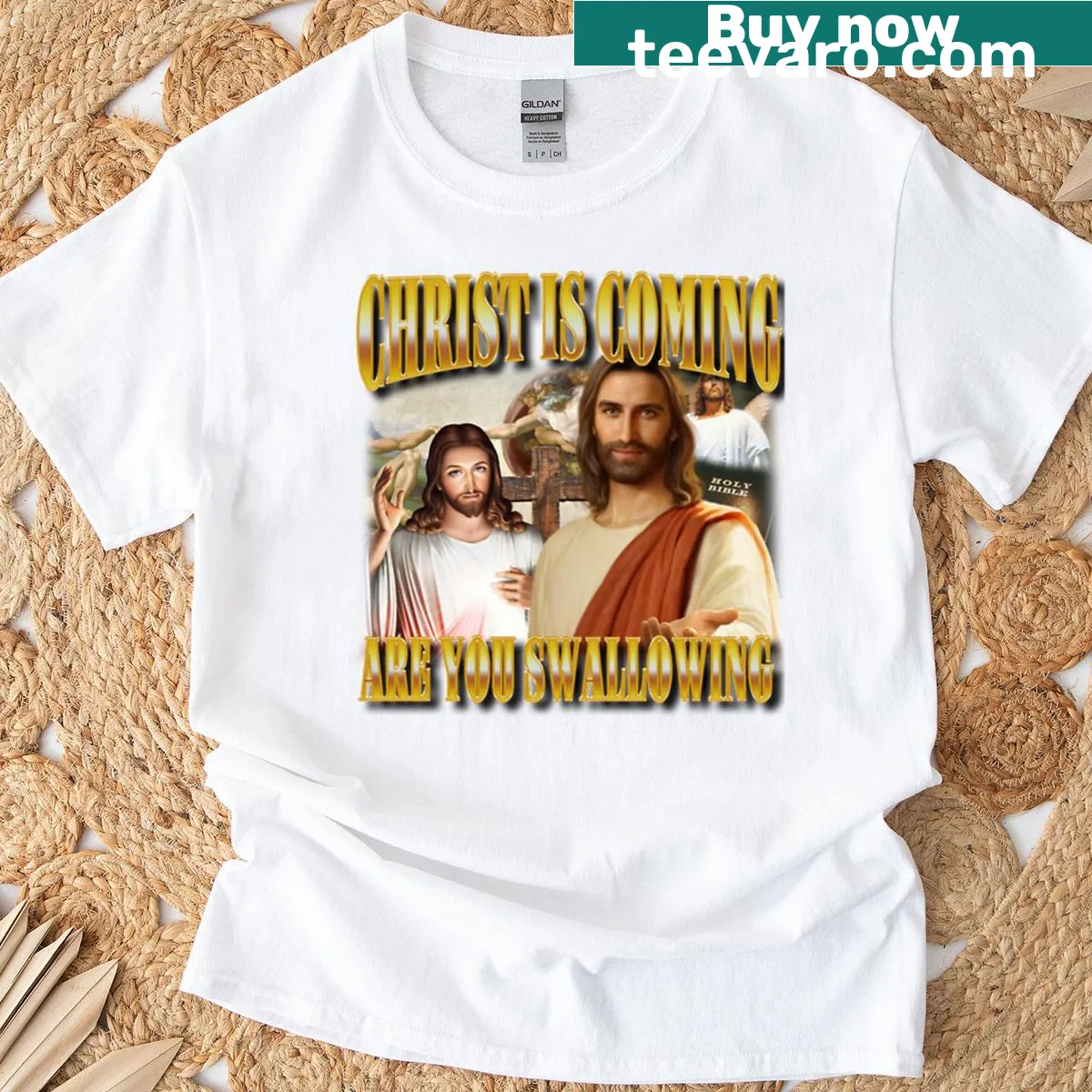 Humorous T-shirt featuring a meme about Jesus with playful text — on a men's t-shirt