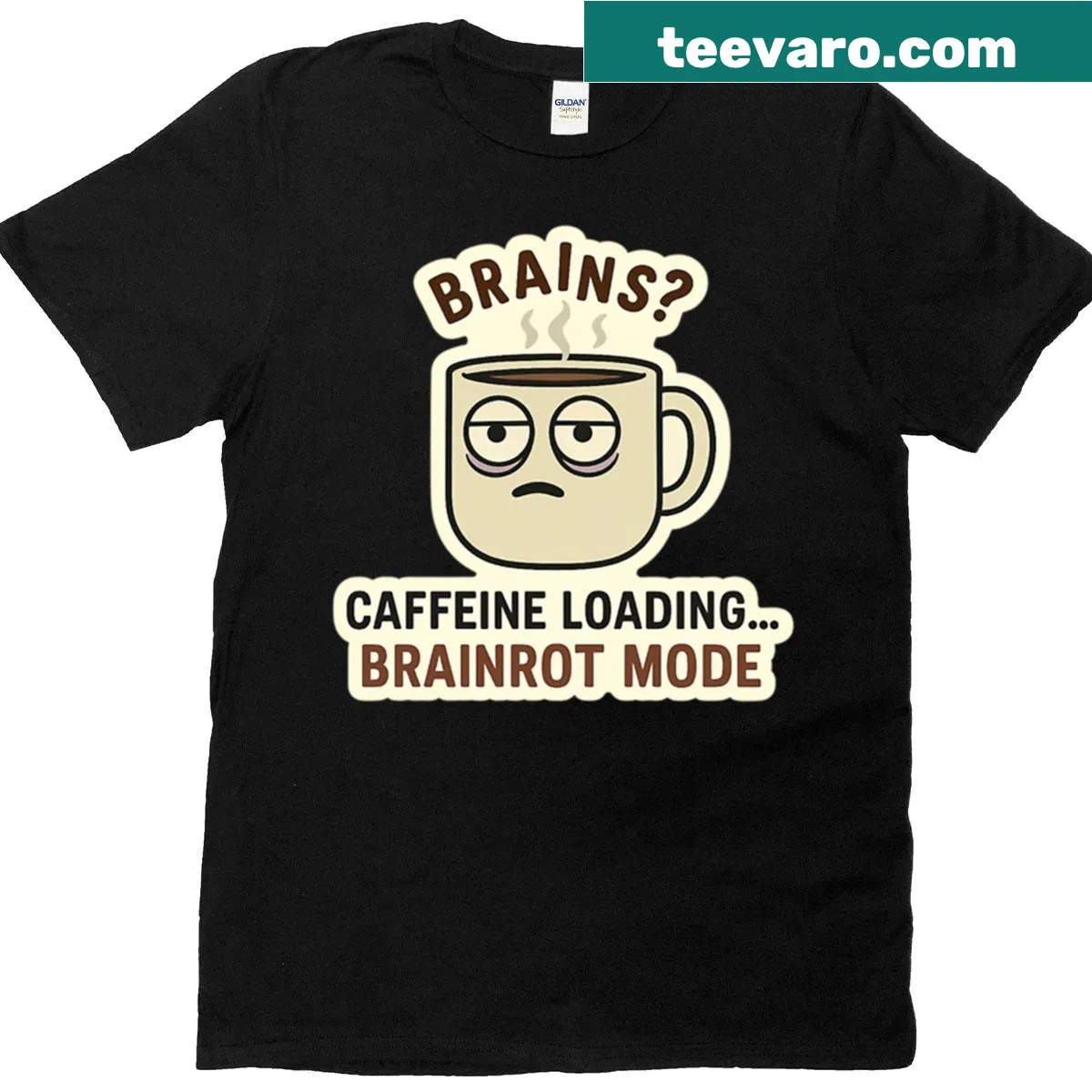 Caffeine Brainrot Loading t-shirt with a humorous coffee-themed graphic — on a men's t-shirt