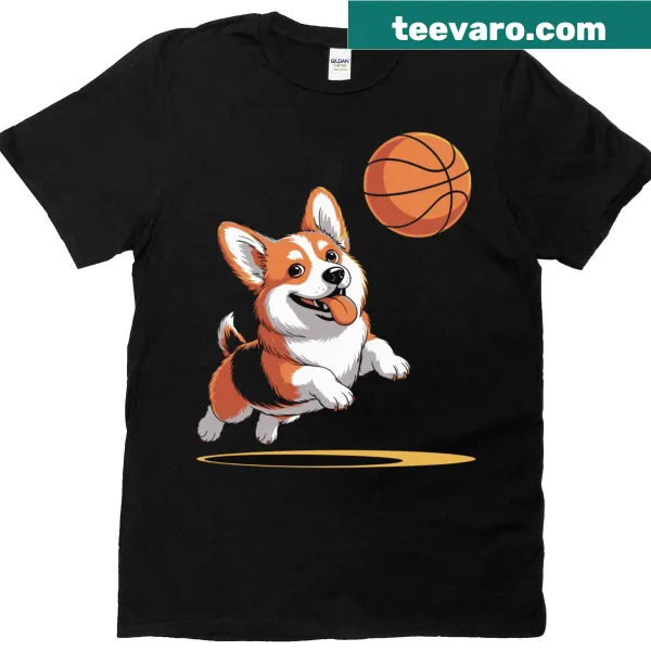 Cartoon t-shirt of a corgi dunking a basketball