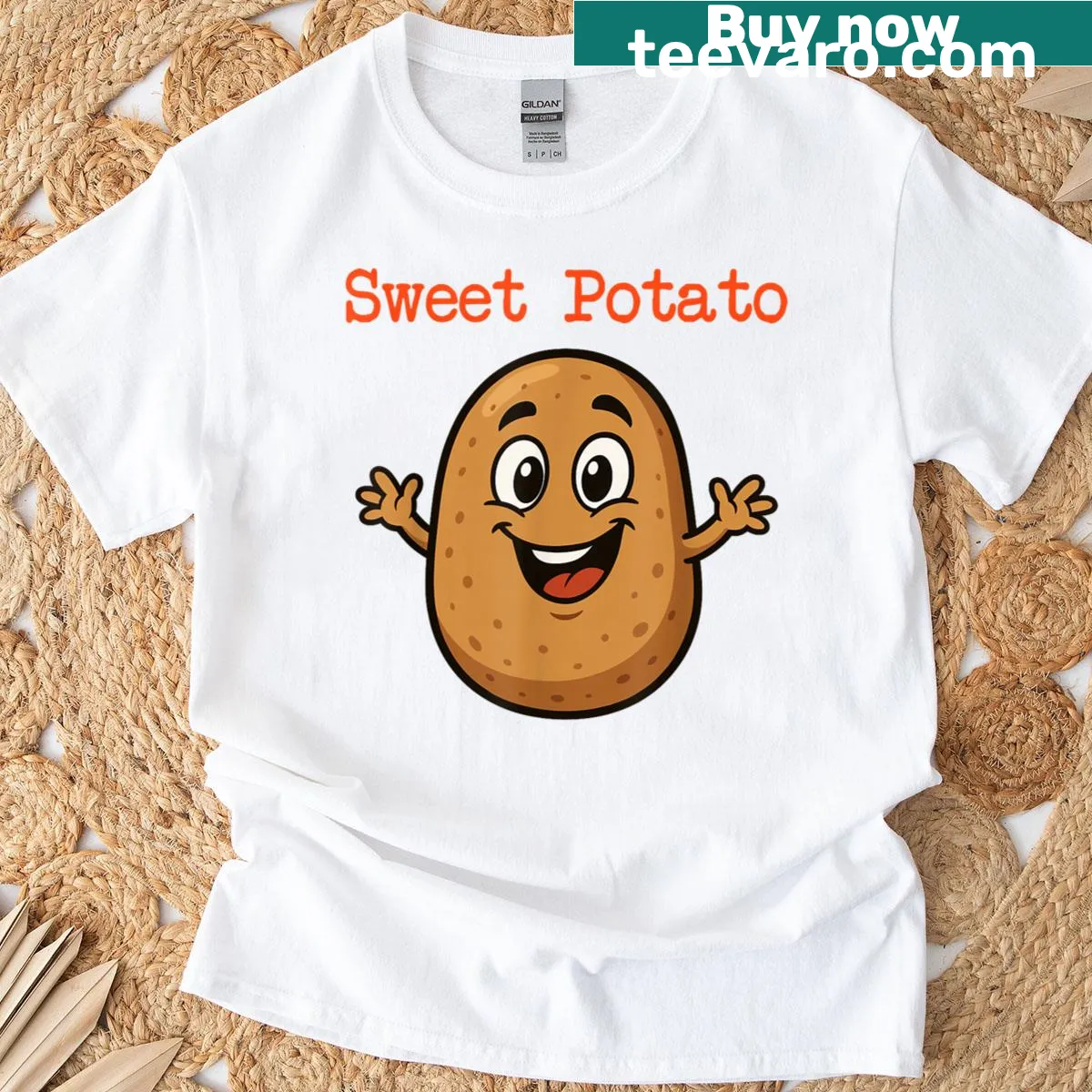 Cartoon sweet potato and rude potato graphic on Thanksgiving t-shirt — on a men's t-shirt