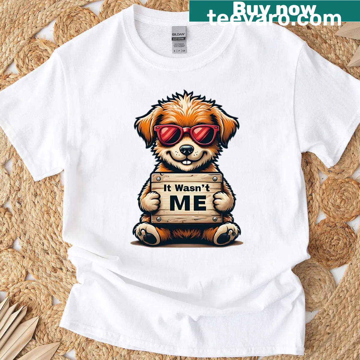 Cute puppy wearing sunglasses with the phrase 'It Wasn't Me' — on a men's t-shirt