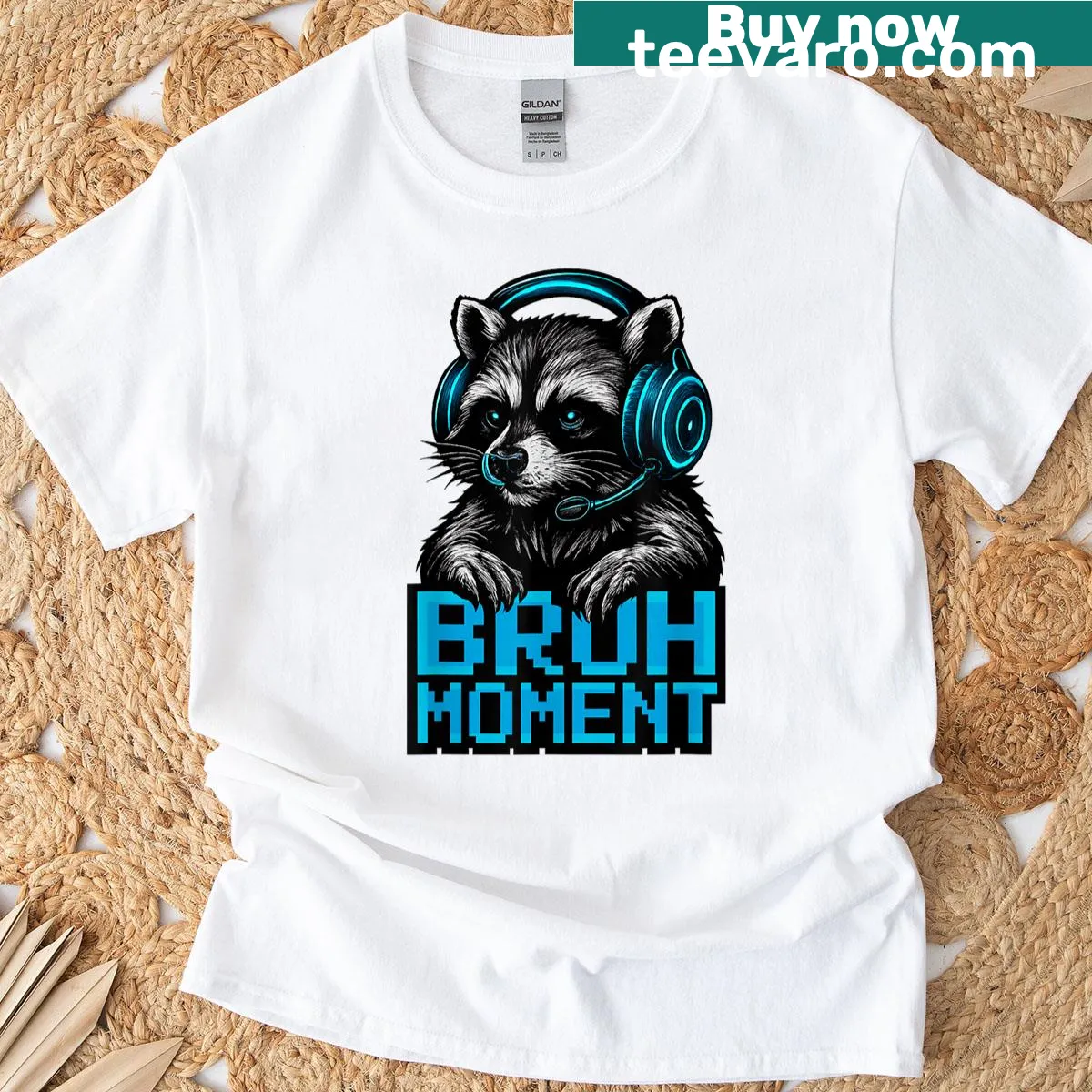 Funny raccoon graphic t-shirt featuring the phrase 'Bruh Moment'. — on a men's t-shirt