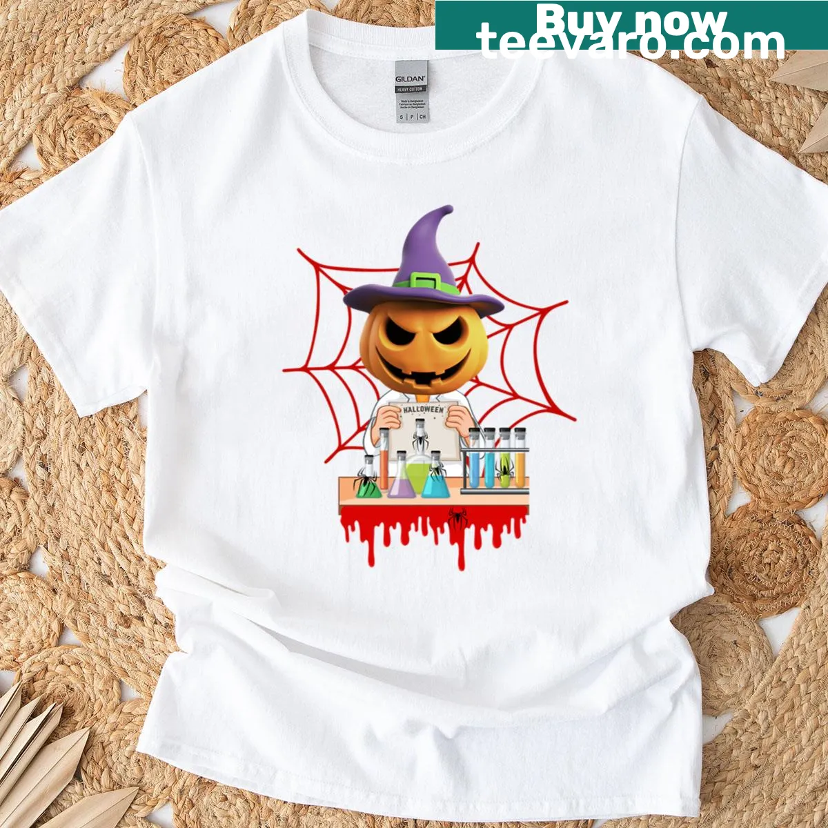 Funny Halloween t-shirt featuring a humorous scientist character — on a men's t-shirt