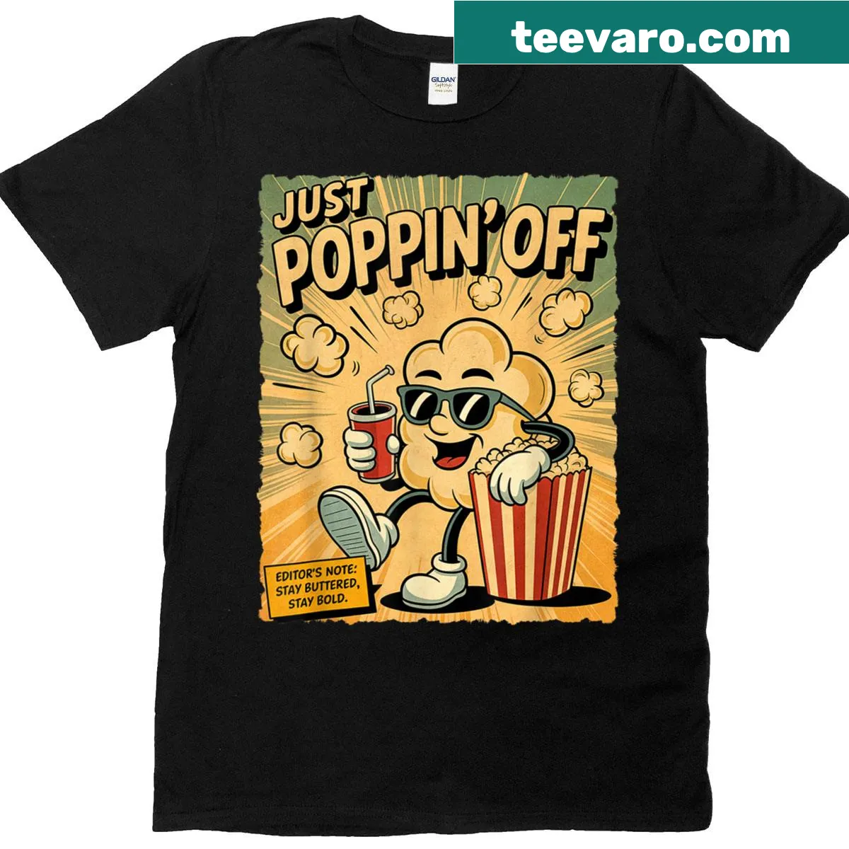 Retro cartoon popcorn graphic with 'Just Poppin Off' text. — on a men's t-shirt