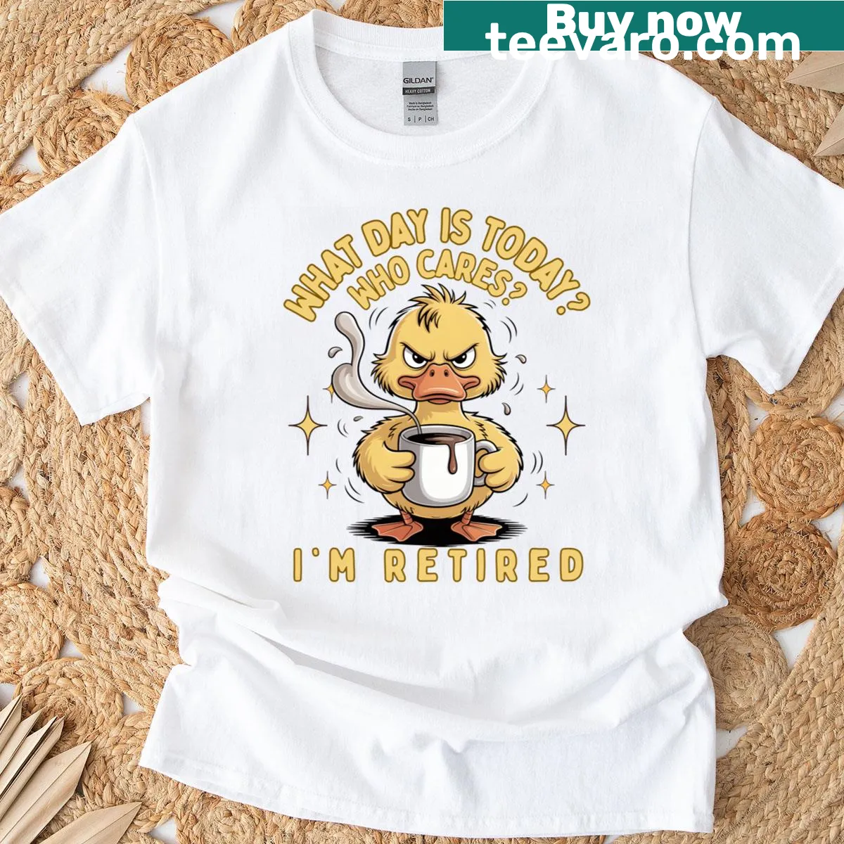 Illustration of a duck drinking coffee on a retired theme t-shirt — on a men's t-shirt