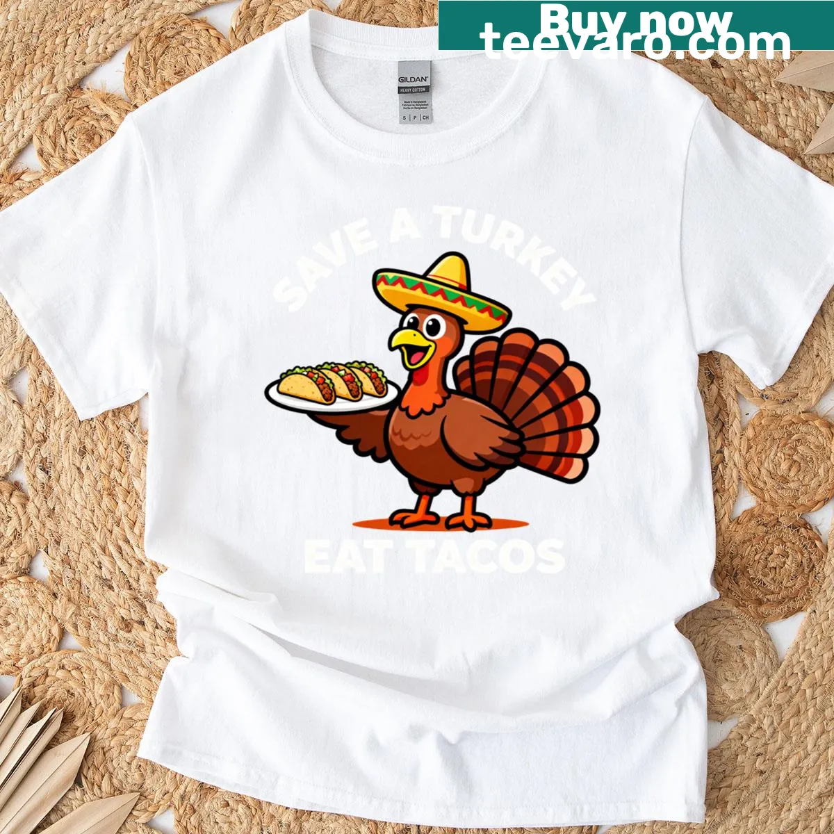 Thanksgiving t-shirt with a turkey and taco graphic in a sombrero — on a men's t-shirt