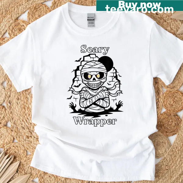 Humorous mummy graphic on a T-shirt, bandaged and playful