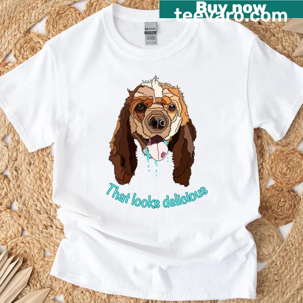 Cartoon slobbering Cocker Spaniel graphic on a t-shirt