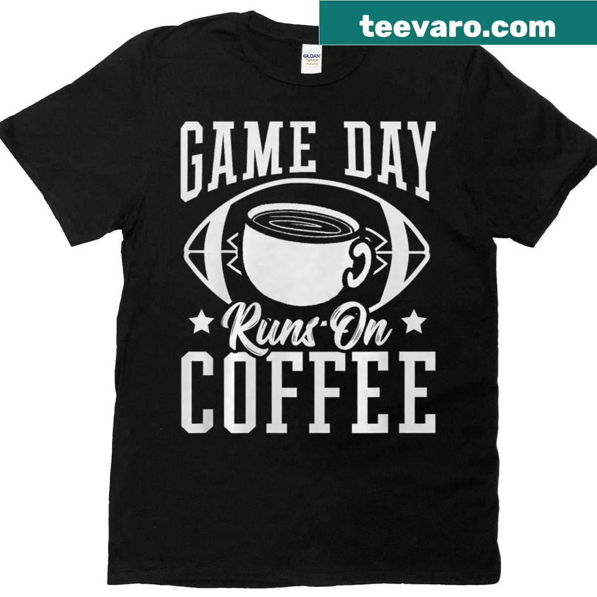 Coffee-themed football t-shirt with Game Day text — on a men's t-shirt