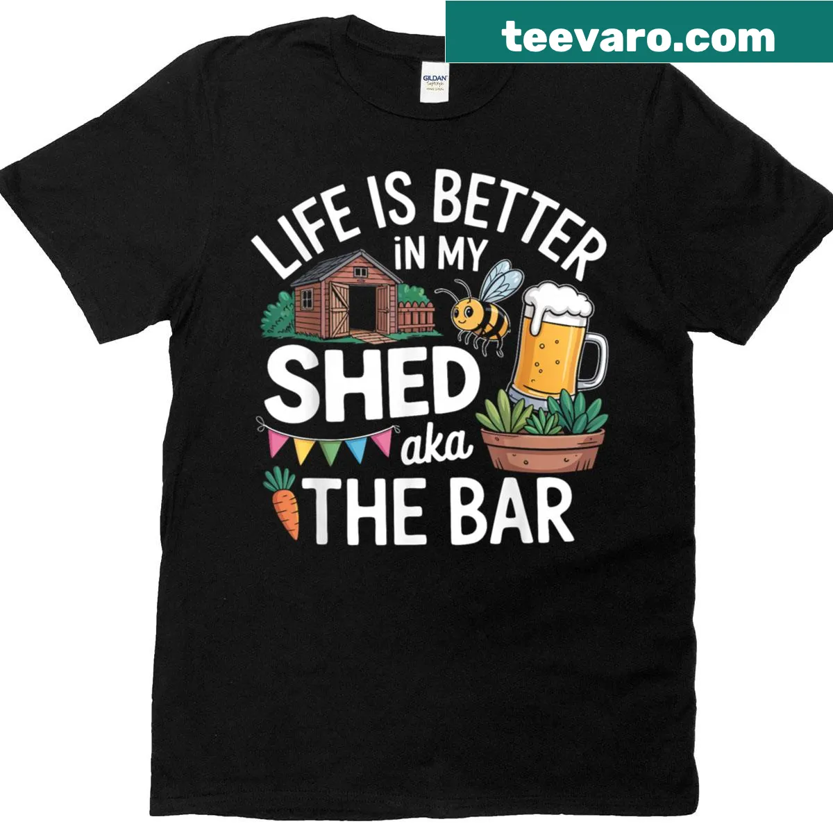 Charming Garden Pub Lover shed bar graphic t-shirt for gardening fans — on a men's t-shirt