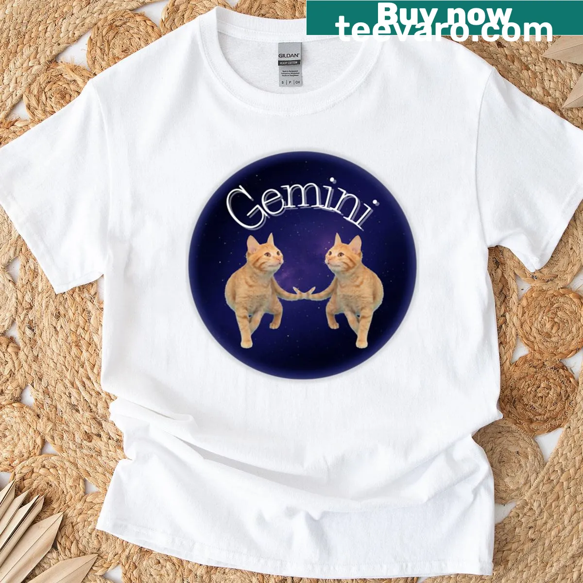 Illustrative tee featuring two cats symbolizing Gemini energy. — on a men's t-shirt