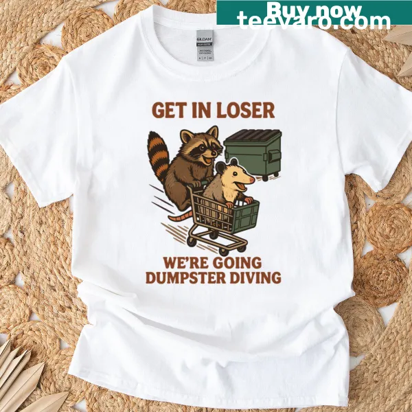 Illustrated raccoon diving into a dumpster on oversized t-shirt