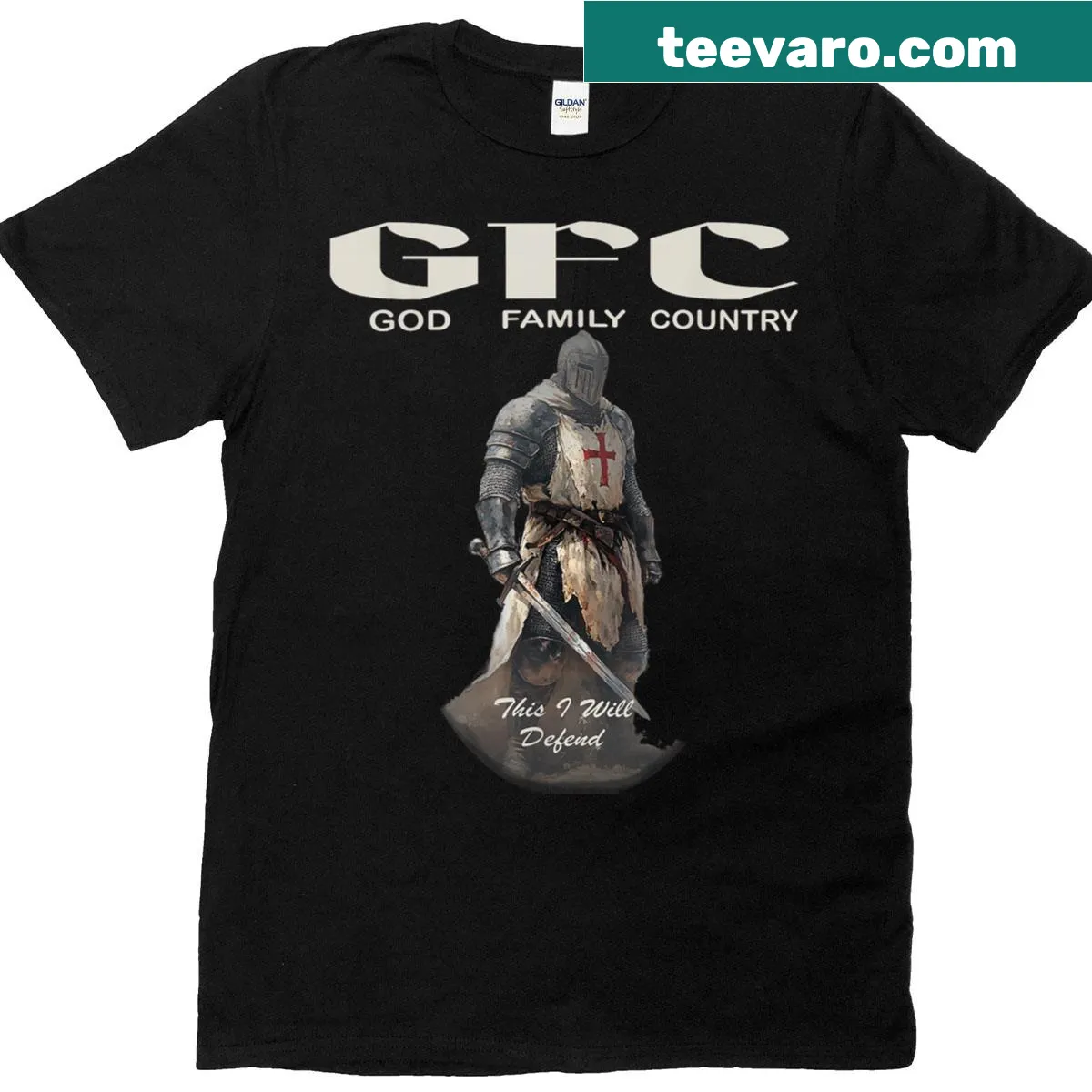 Medieval warrior spirit graphic t-shirt emphasizing family and country — on a men's t-shirt