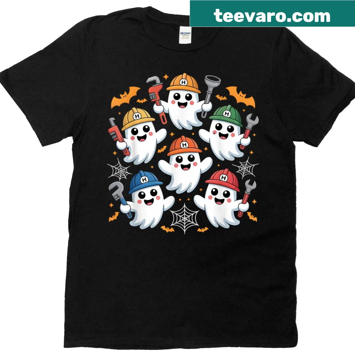 Funny Ghost Plumber design on a Halloween T-shirt — on a men's t-shirt