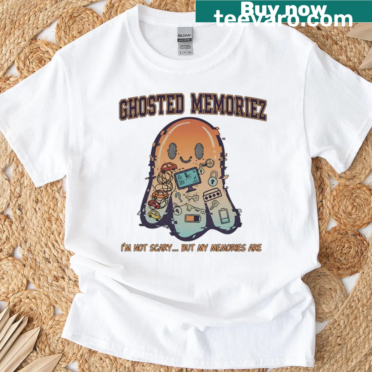Retro tech-inspired tee featuring a humorous ghost graphic and text. — on a men's t-shirt