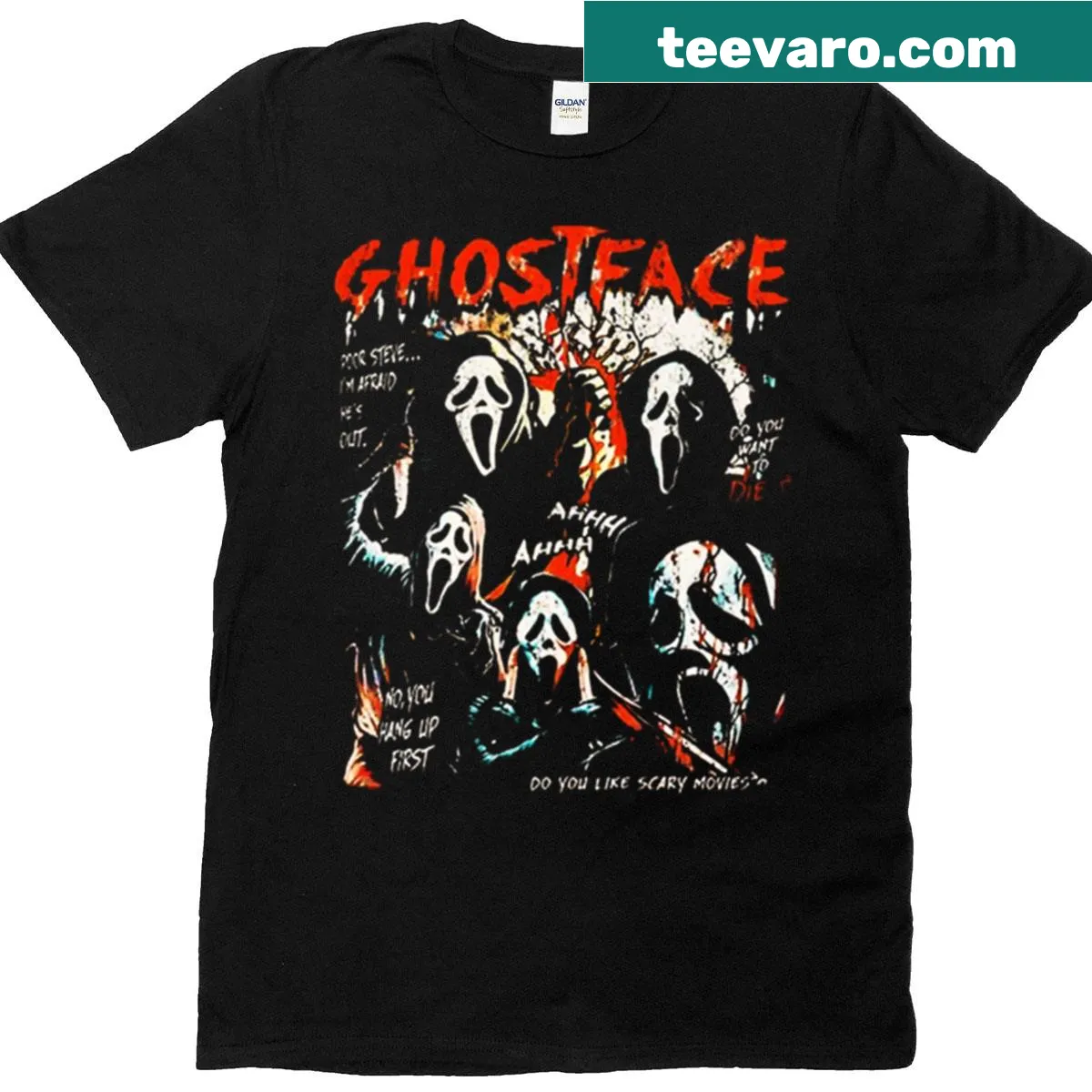 Horror-themed T-shirt featuring Ghostface from Scream movies — on a men's t-shirt