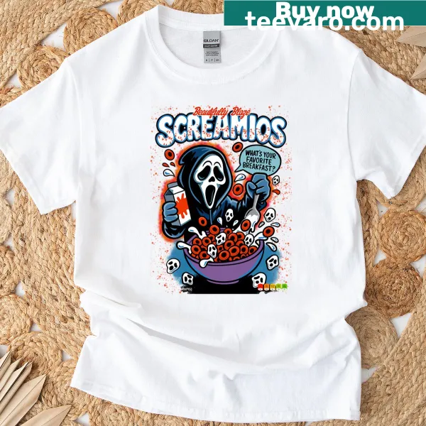 Ghostface cartoon cereal box design on horror t-shirt