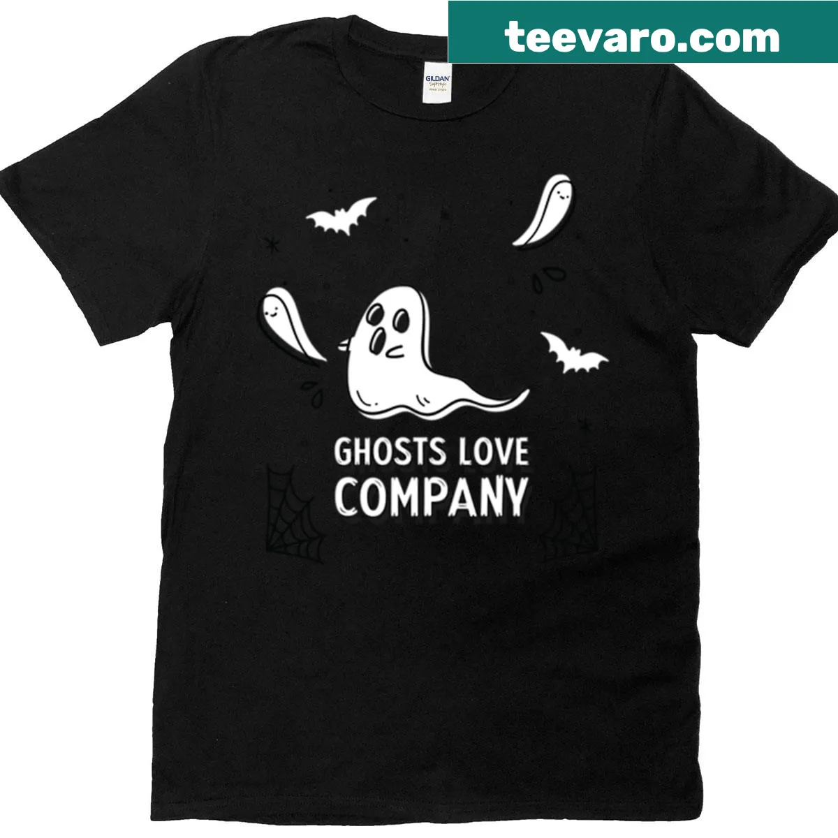 Cute t-shirt featuring friendly ghosts and the phrase 'Ghosts Love Company' — on a men's t-shirt