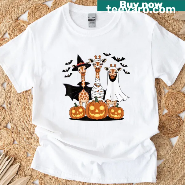 Cute Halloween t-shirt with a giraffe mummy witch and pumpkins