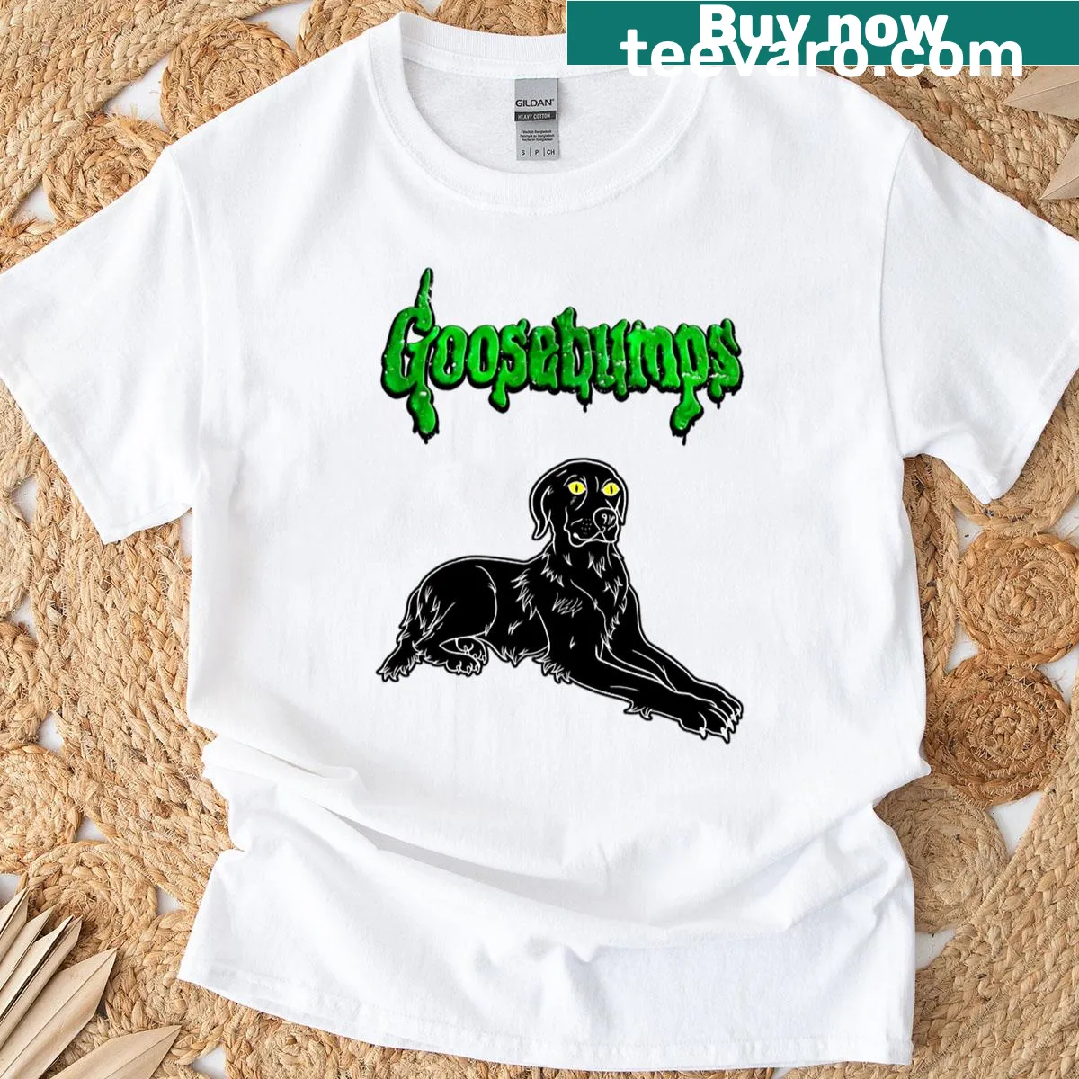 Cartoonish T-shirt featuring a green dog inspired by Goosebumps — on a men's t-shirt