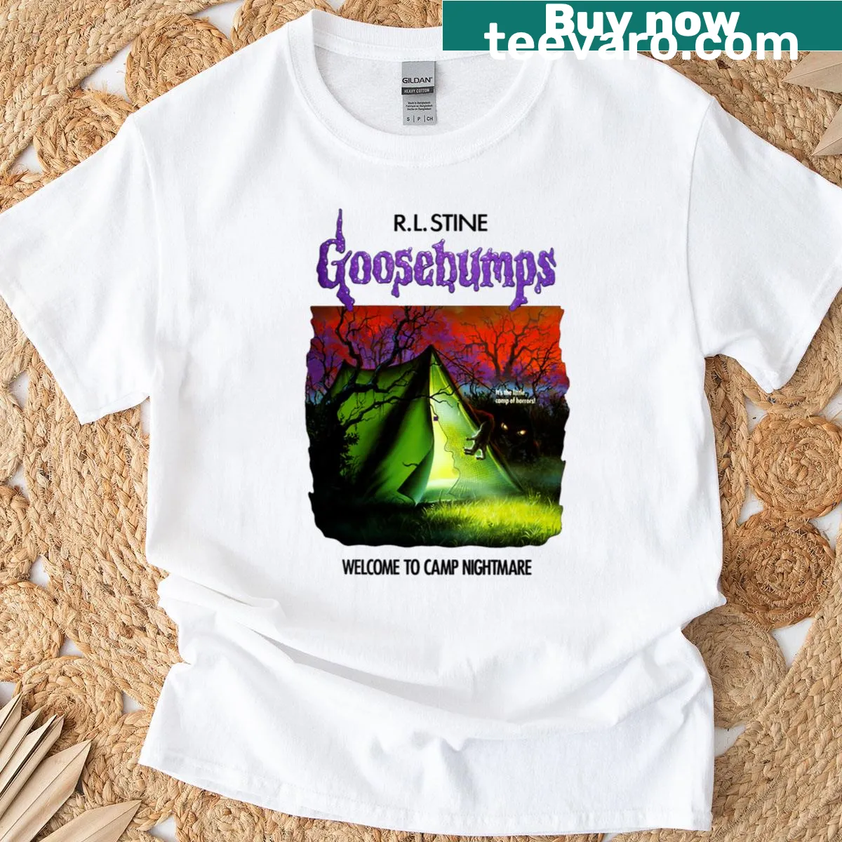 Goosebumps T-shirt featuring 'Welcome To Camp Nightmare' graphic design. — on a men's t-shirt