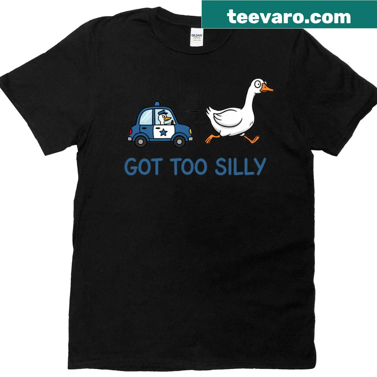 Funny t-shirt with the phrase 'Got Too Silly Goose' printed — on a men's t-shirt