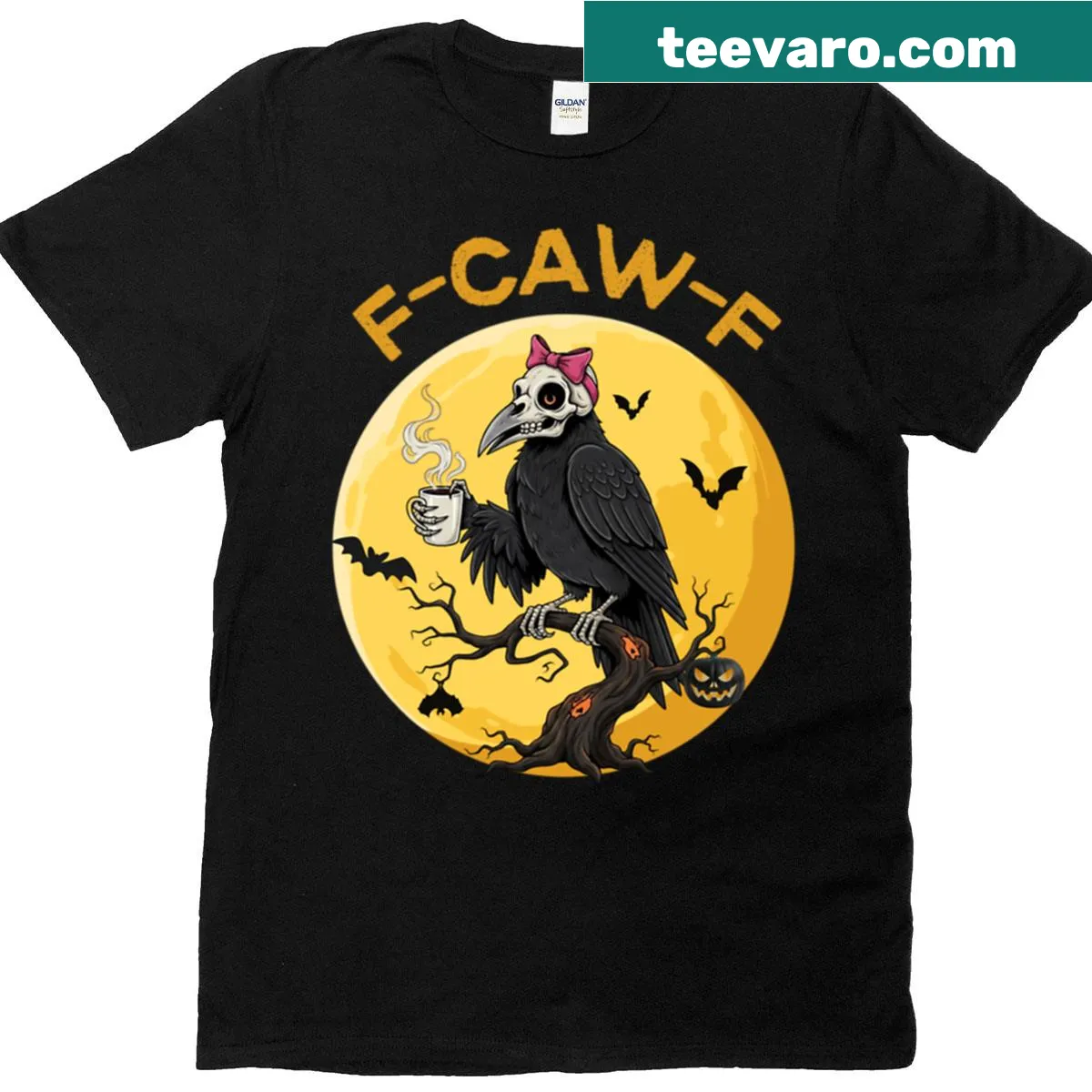 Funny Halloween t-shirt with a crow and text 'F-caw-f' — on a men's t-shirt