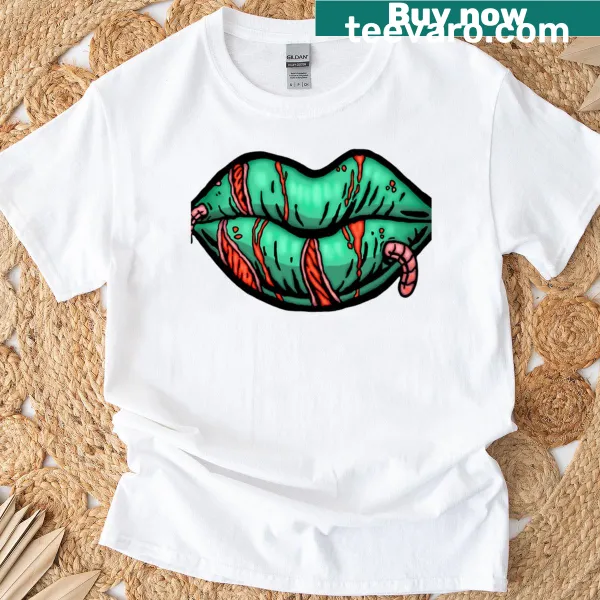 Graffiti-style zombie lips with worms on t-shirt