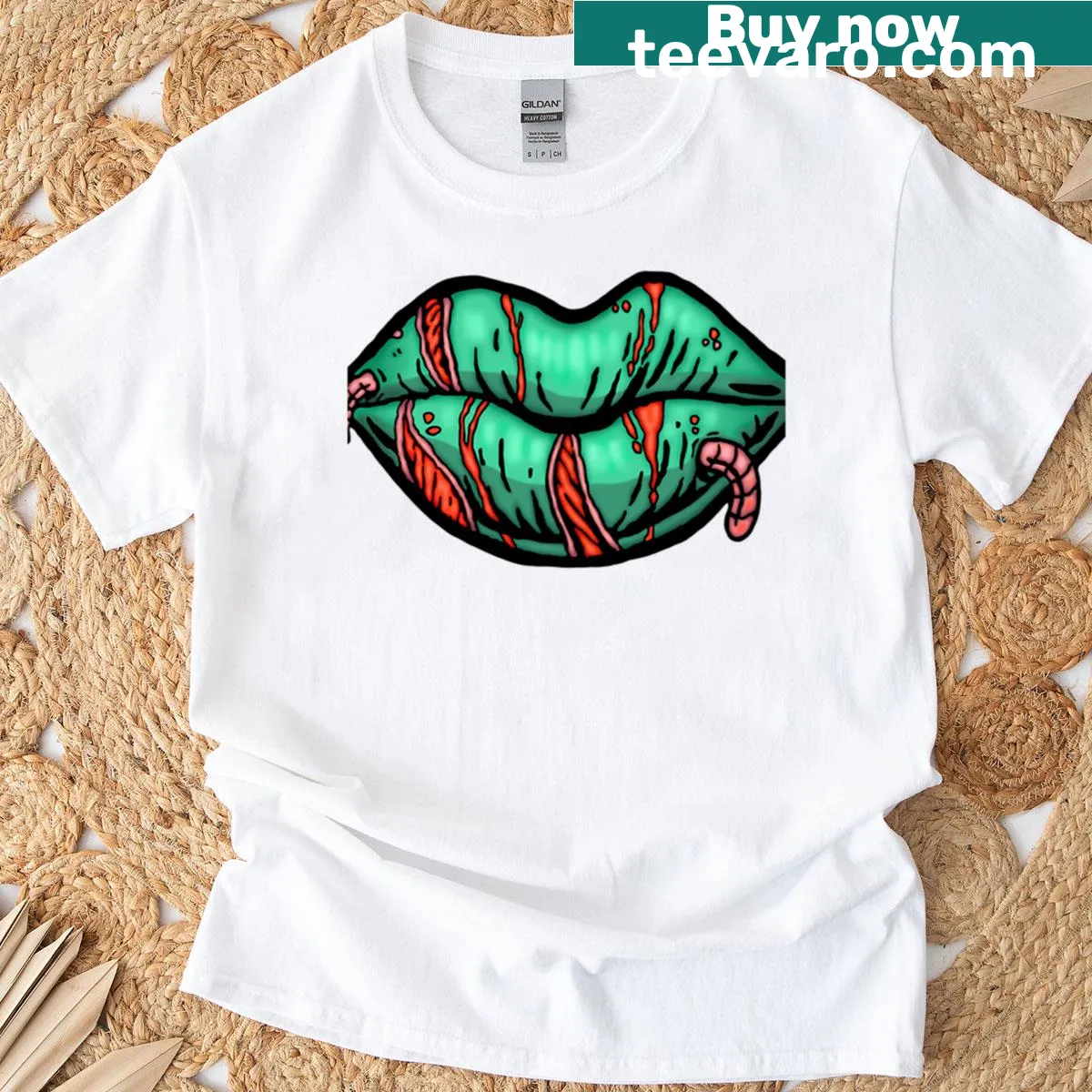 Graffiti-style zombie lips with worms on t-shirt — on a men's t-shirt