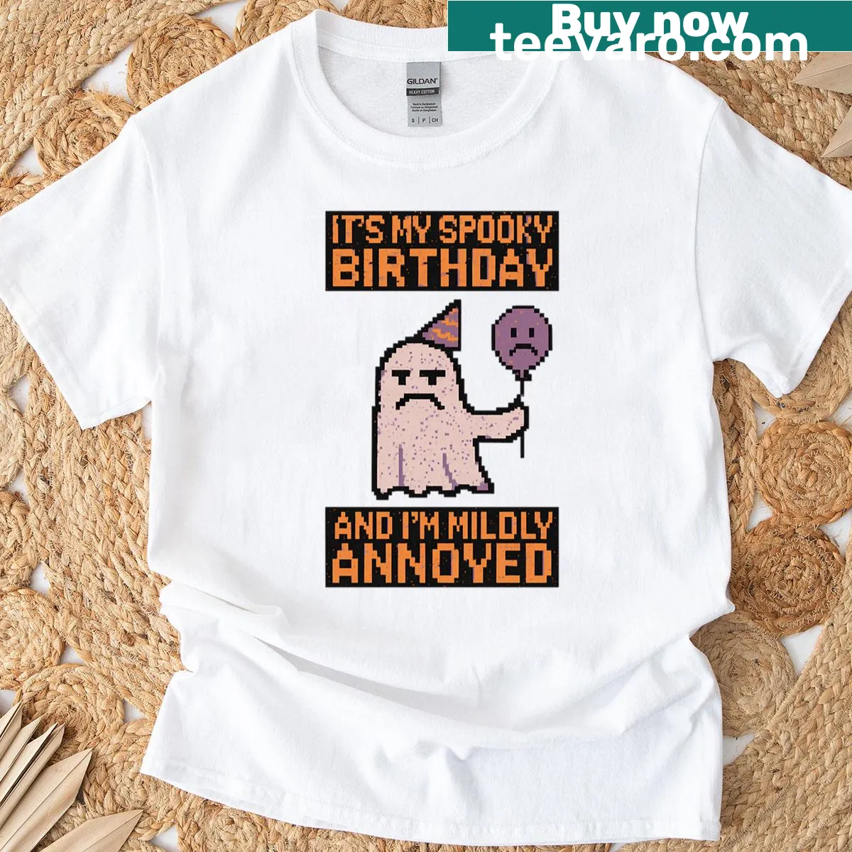 Pixel art grumpy ghost design on a funny birthday t-shirt — on a men's t-shirt