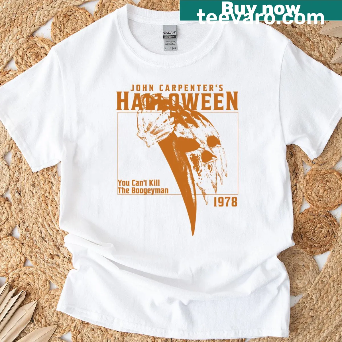 Illustrated T-shirt featuring Michael Myers from Halloween 1978 — on a men's t-shirt
