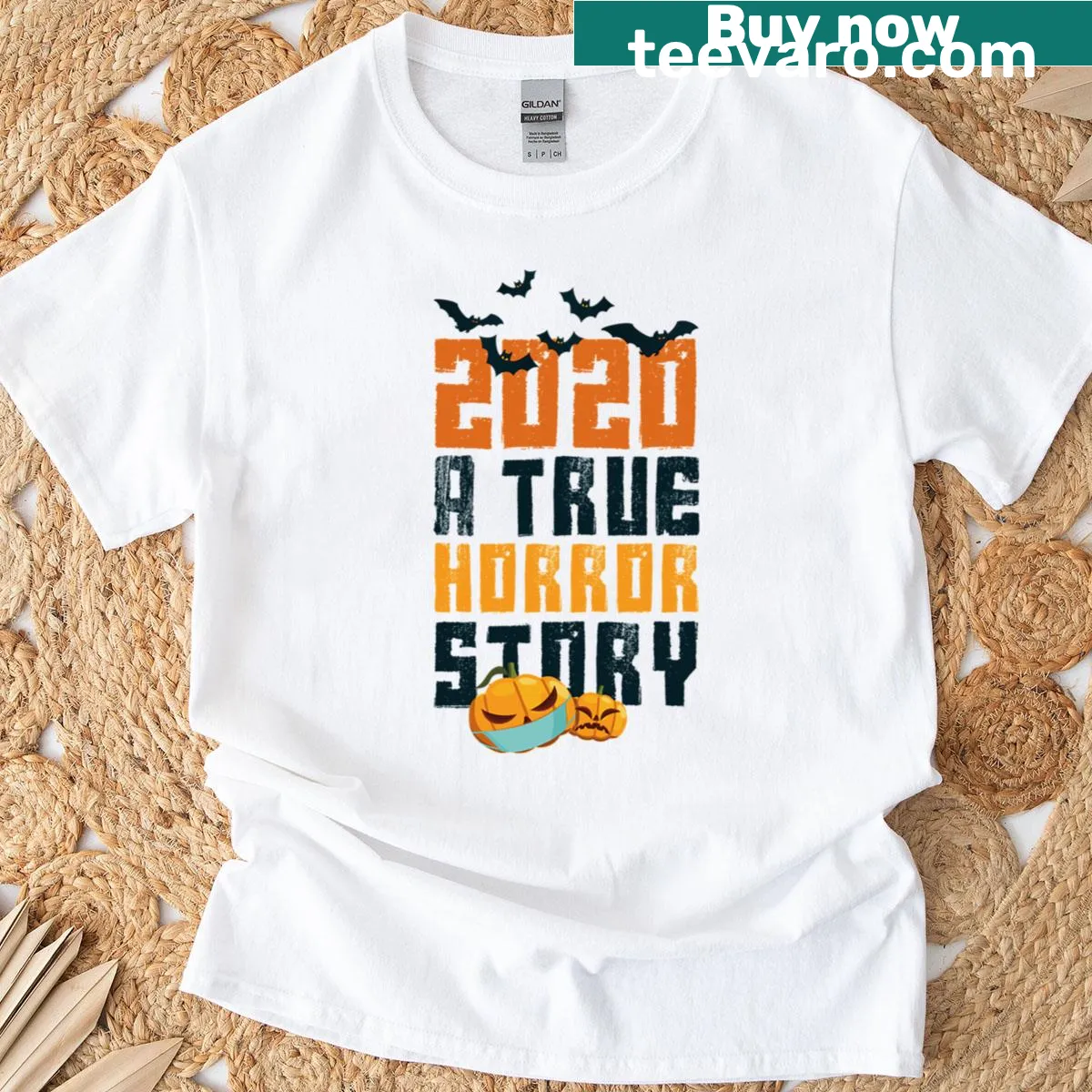 Halloween t-shirt with bold text reading A True Horror Story. — on a men's t-shirt