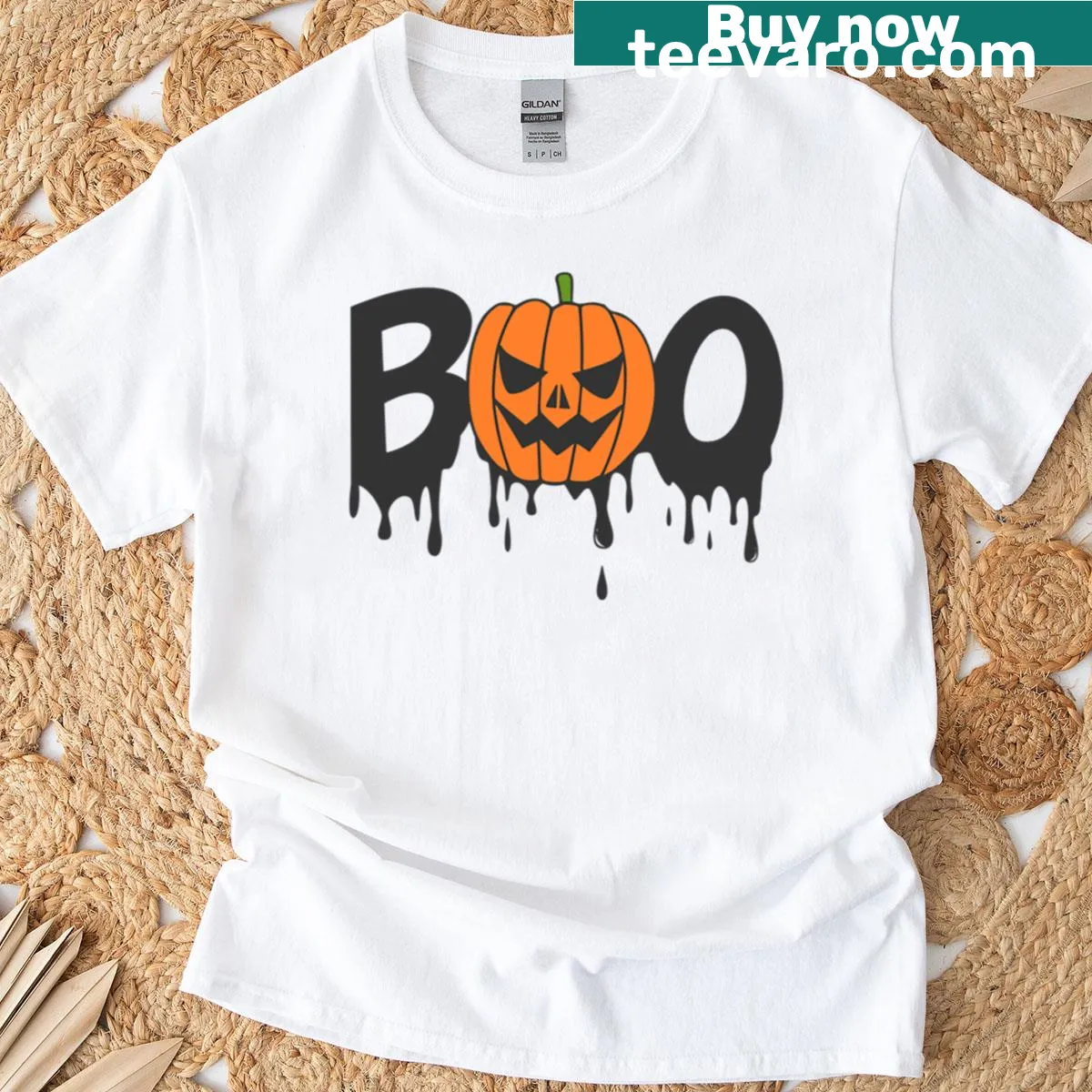 Oversized Halloween t-shirt with a playful Boo graphic — on a men's t-shirt