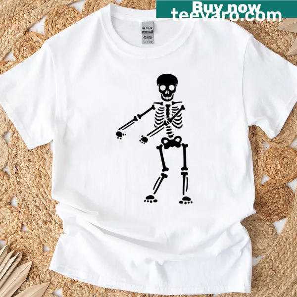Whimsical Halloween t-shirt with dancing skeletons illustration