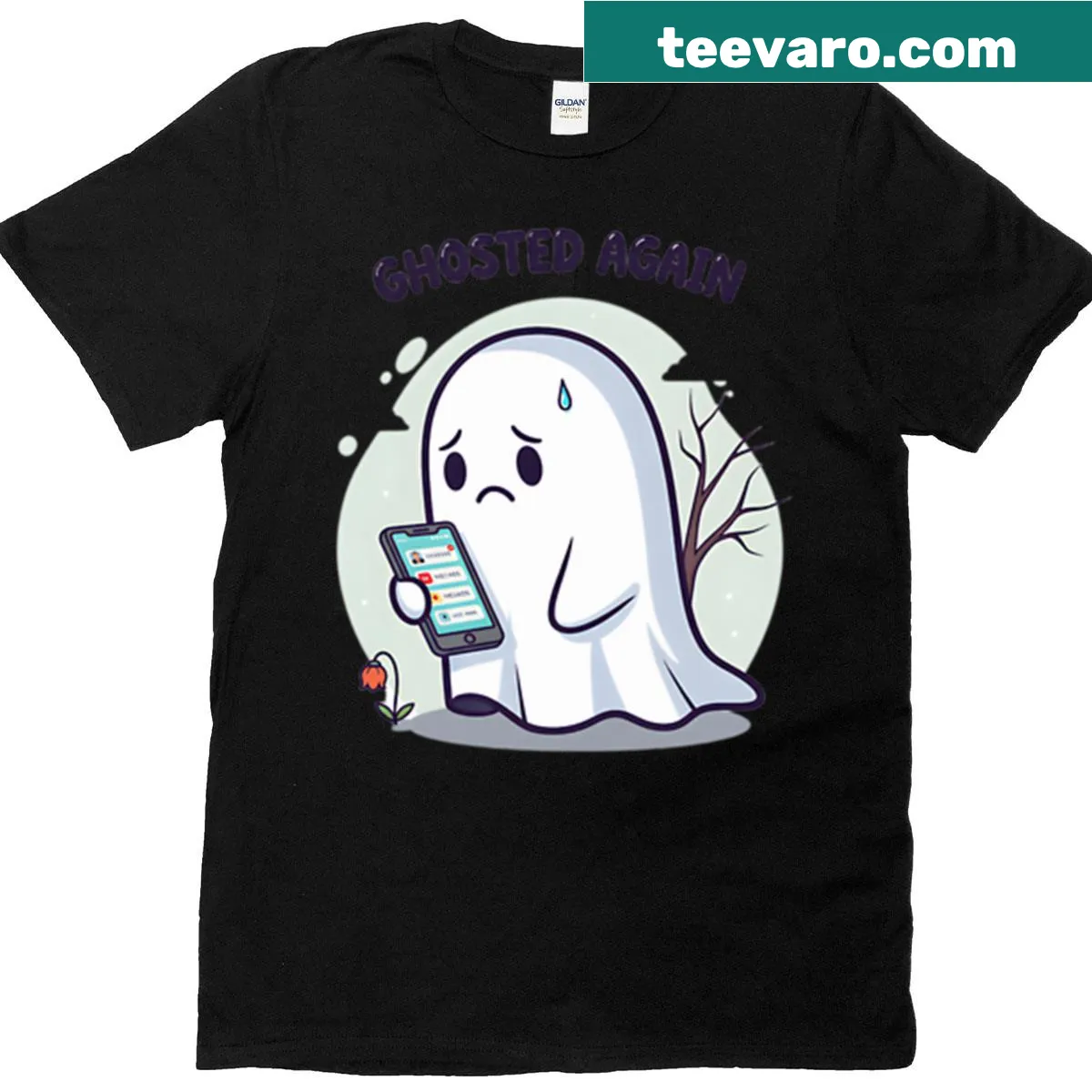 Oversized Halloween t-shirt with whimsical ghost graphic and humorous text — on a men's t-shirt