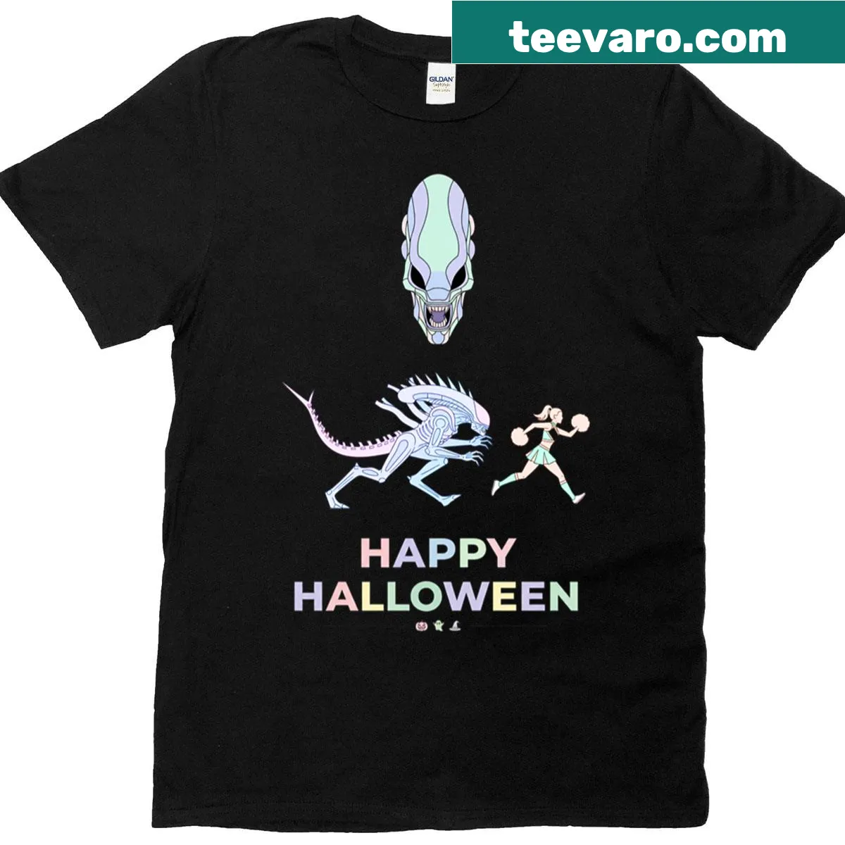 T-shirt with Alien Xenomorph and cheerleader graphic — on a men's t-shirt