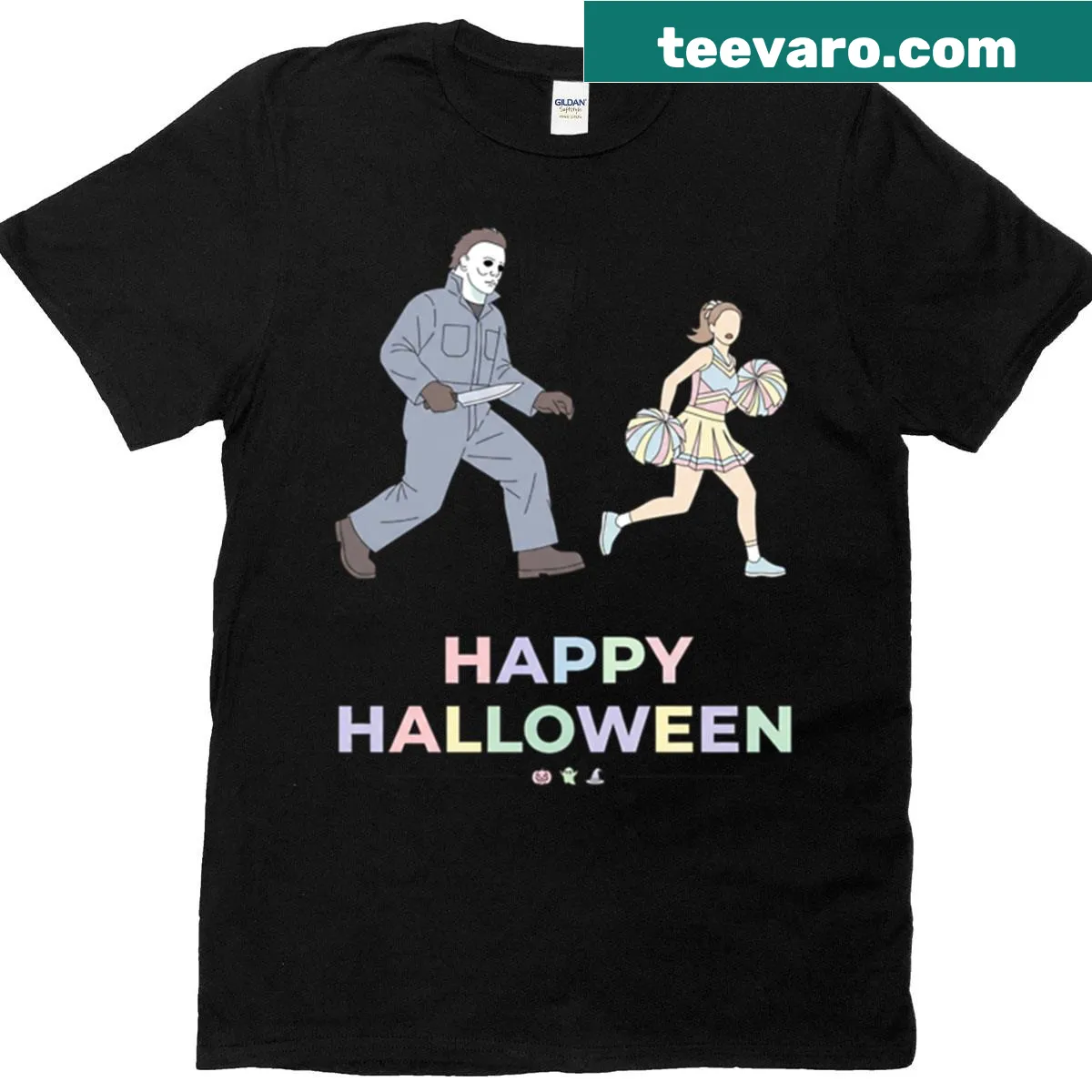 Illustrated T-shirt of Michael Myers chasing a cheerleader for Halloween — on a men's t-shirt