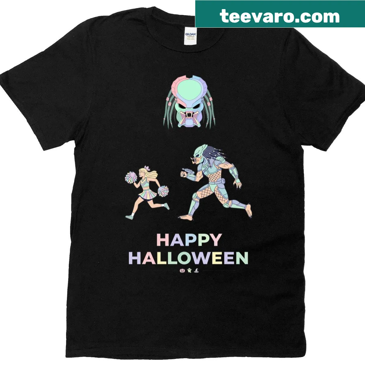 Whimsical Halloween T-shirt featuring predator and cheerleader chase illustration — on a men's t-shirt