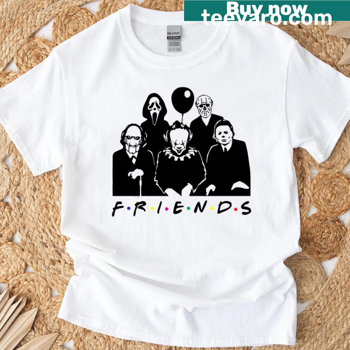 T-shirt featuring an illustrative design of friends celebrating Halloween — on a men's t-shirt