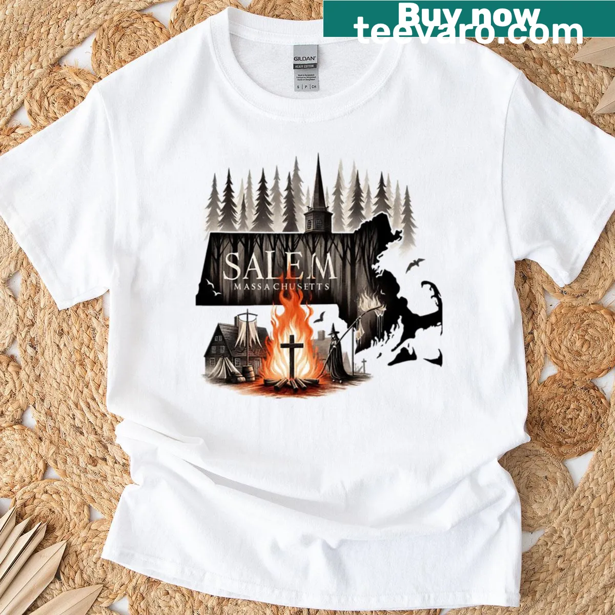 Graphic T-shirt featuring horror story themes for Halloween — on a men's t-shirt