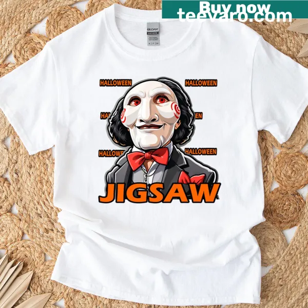 Horror-themed t-shirt featuring a jigsaw puzzle design with Halloween elements