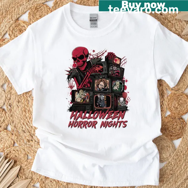 Halloween-themed t-shirt featuring horror movie imagery