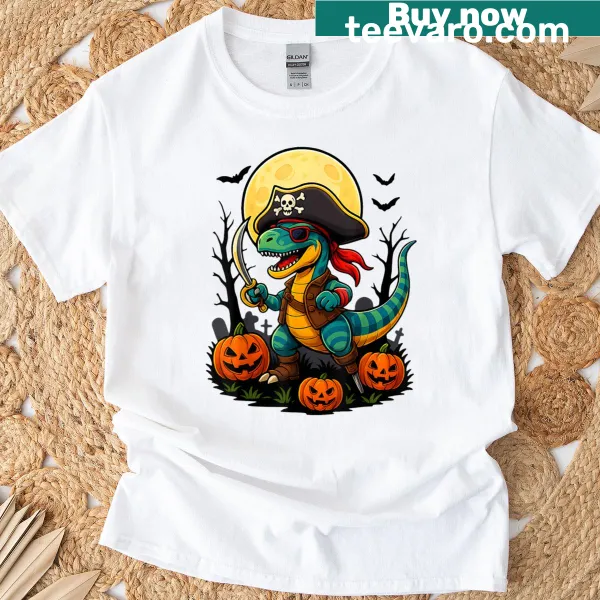 Kids t-shirt with pirate dinosaur and pumpkin Halloween design