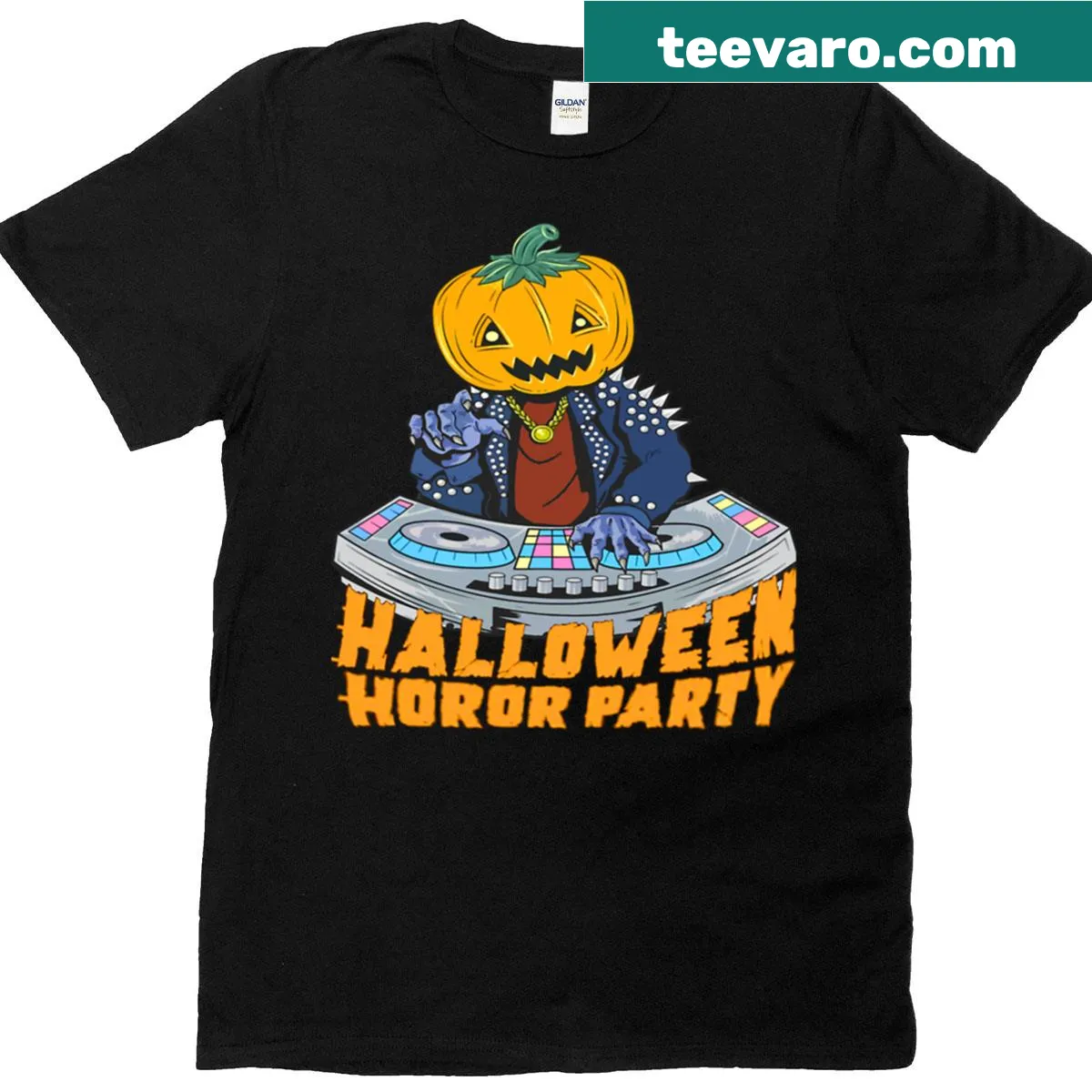Cartoon pumpkin DJ graphic on a festive Halloween T-shirt — on a men's t-shirt