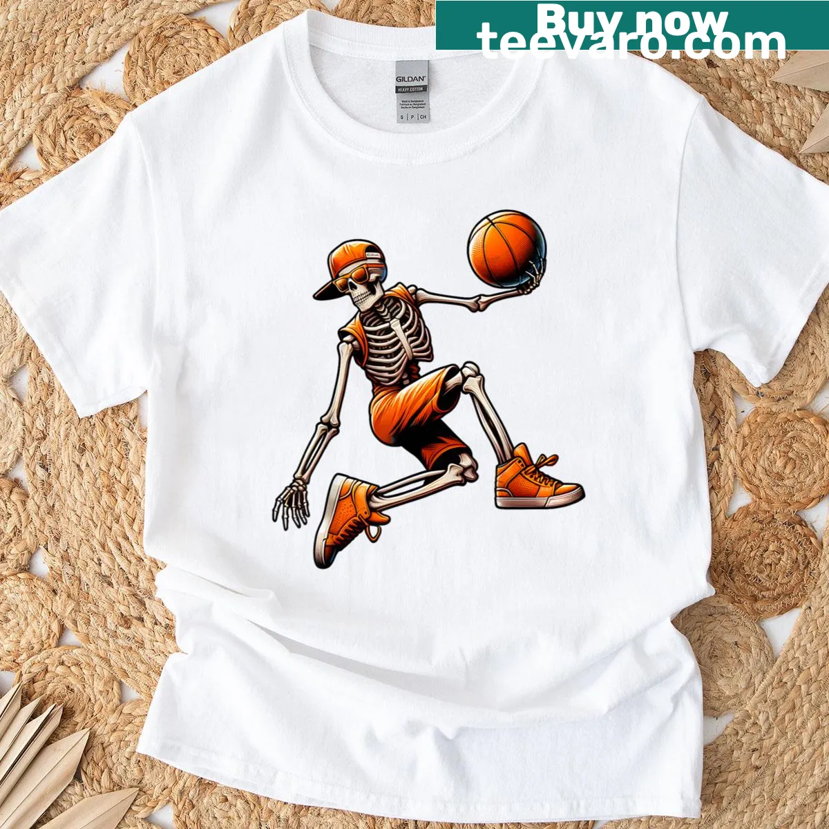 Skeleton playing basketball Halloween T-shirt for teens — on a men's t-shirt